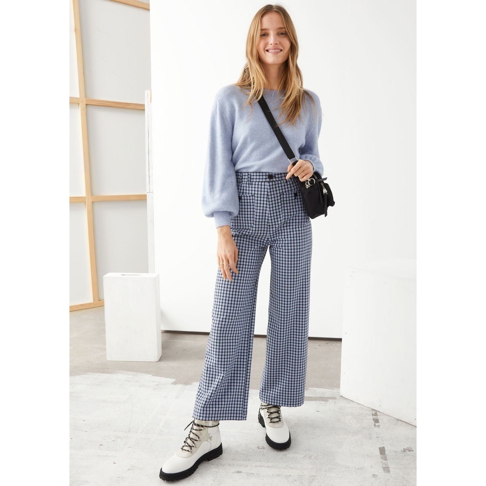 & Other Stories Blue Plaid Kick Flare High Rise Patch Pocket Trousers Size 12